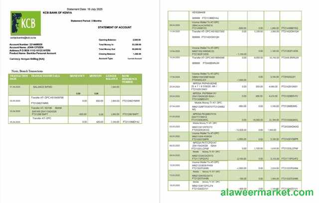 Kenya KCB Bank statement of account Word and PDF template, 2 pages